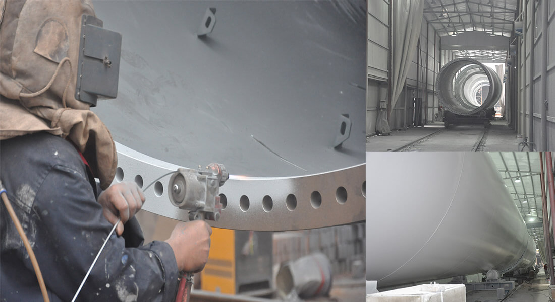 a picture of wind turbine tower section coating process